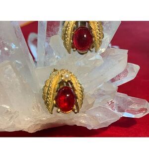 Stunning Red resin Cabochon earrings set in a matte Gold plate design, Vintage